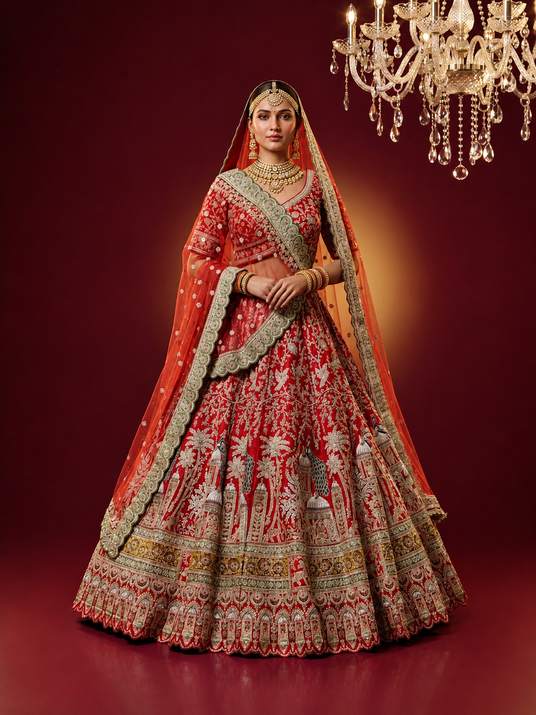 Deep red Kundans bridal lehenga in a heritage setting